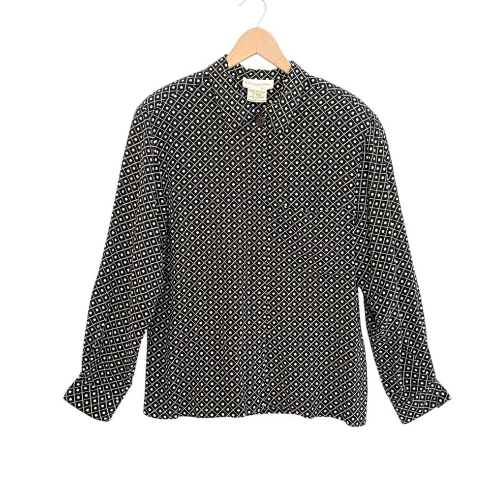 VTG Christian Dior Chemises Blouse 80s Button Up Shirt Size 10 Polka Dot